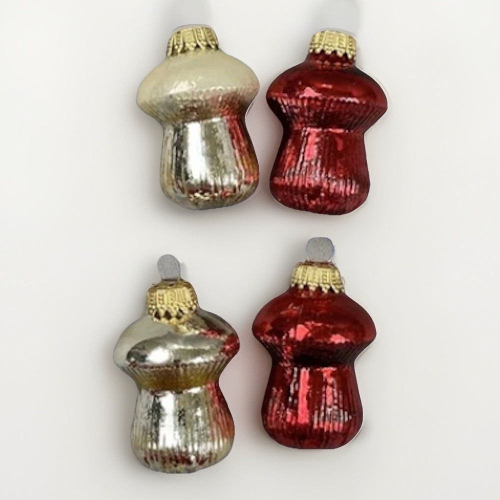 Vintage Mushroom Ornaments Silver Red Glass Christmas MCM - Lot Of 4 - Germany